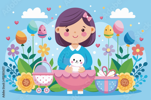 A cheerful woman holds a newborn in a cradle surrounded by colorful flowers, gifts, and a stroller, celebrating a joyful new beginning