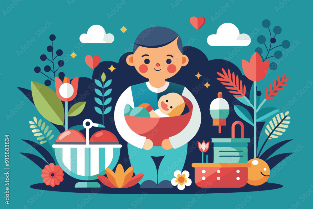 Naklejka premium A joyful parent embraces a newborn in a vibrant nursery, surrounded by colorful flowers, plants, and playful nursery items, celebrating the beauty of new life