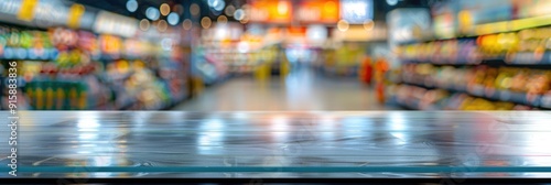 Empty glass table top with blurred supermarket background for product display
