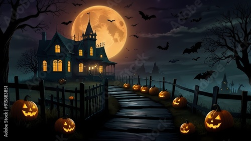 an enchanting Halloween scene with a haunted house on a hill, glowing jack-o'-lanterns, twisted trees, playful ghosts, a full moon, a witch on a broomstick, and eerie yet vibrant colors photo