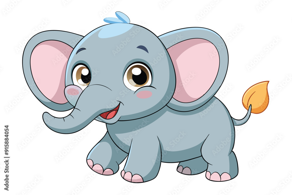 Obraz premium A cute cartoon baby elephant with big eyes and a cheerful smile stands on a white background, showcasing its playful demeanor and vibrant features
