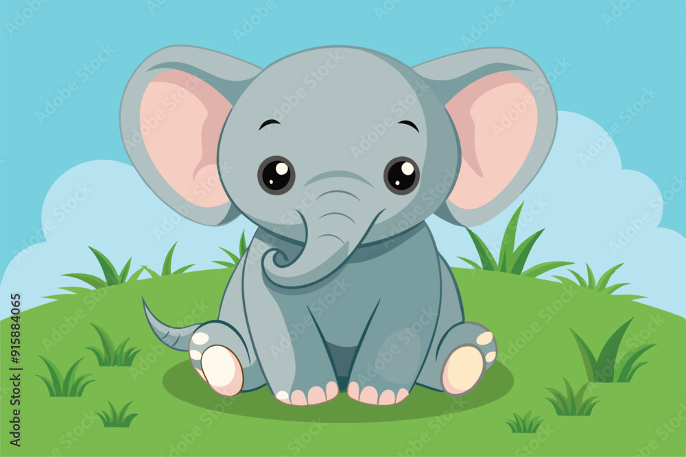 Naklejka premium A baby elephant enjoys sitting on the grassy ground, surrounded by a peaceful environment under a bright blue sky