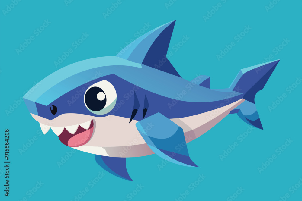 A playful blue shark with large eyes swims happily through vibrant turquoise waters, showcasing an engaging and colorful design A playful blue shark with large eyes swims happily through vibrant turquoise waters, showcasing an engaging and colorful design