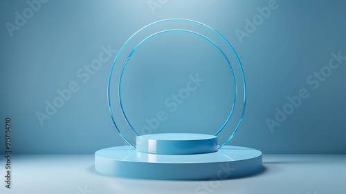 3D blue podium stand with circle glass backdrop is perfect for modern interior concept product display mockups. The stand is set on a floor and soft blue background