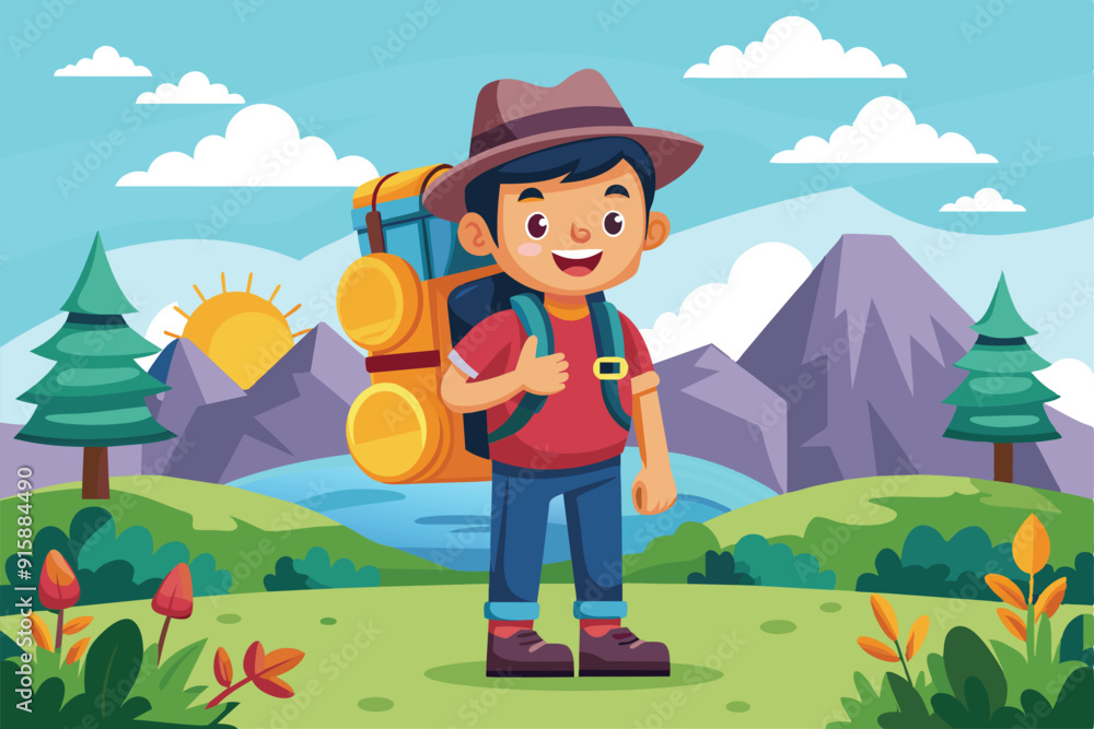 A happy backpacker stands in a vibrant landscape surrounded by mountains, trees, and flowers while enjoying the beautiful sunrise A happy backpacker stands in a vibrant landscape surrounded by mountains, trees, and flowers while enjoying the beautiful sunrise