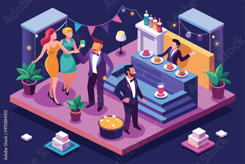 Friends enjoy drinks and delicious food while celebrating at a vibrant bachelor party in a stylish, decorated venue with festive elements