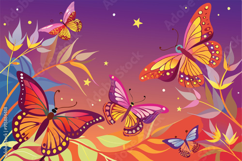 Bright butterflies flutter amidst flowers and stars, creating a lively and enchanting atmosphere during twilight