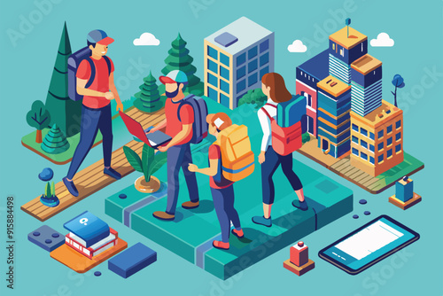 Backpackers interact in a vibrant isometric cityscape filled with greenery, showcasing exploration and camaraderie in an urban setting