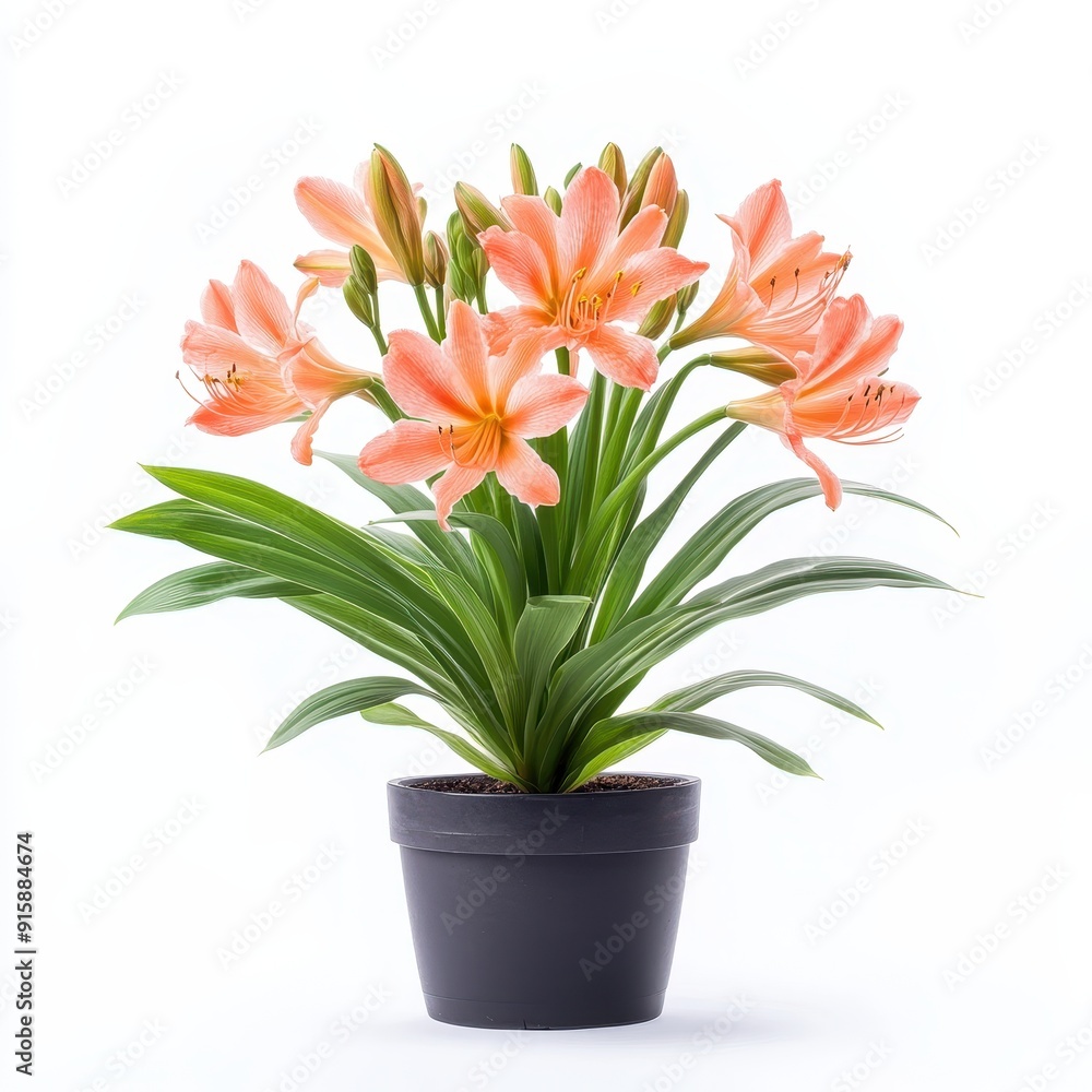 Bush lily Clivia nobilis in a black pot against a white background Bush lily Clivia nobilis in a black pot against a white background