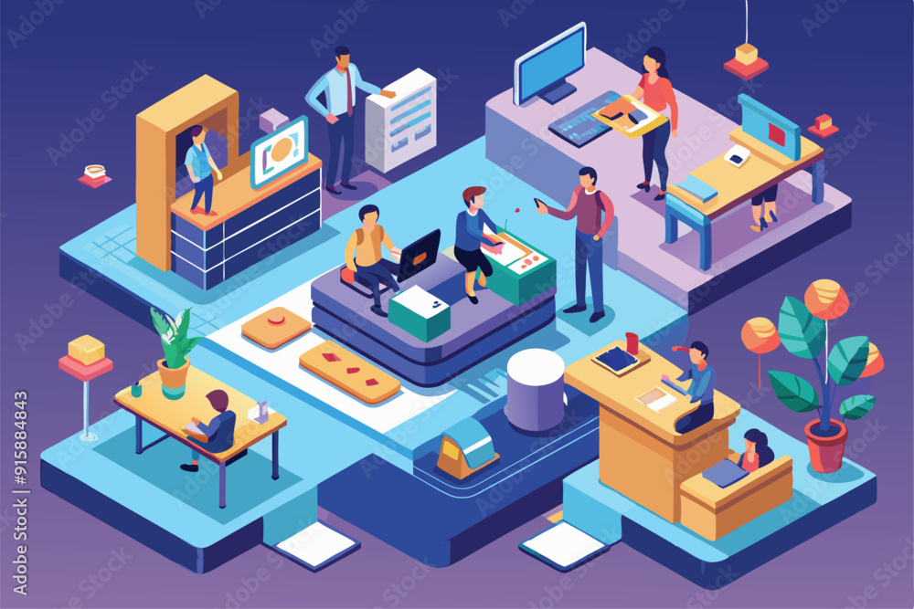 Several people engage in various work tasks in a vibrant, customizable office space featuring modern equipment and collaborative settings Several people engage in various work tasks in a vibrant, customizable office space featuring modern equipment and collaborative settings