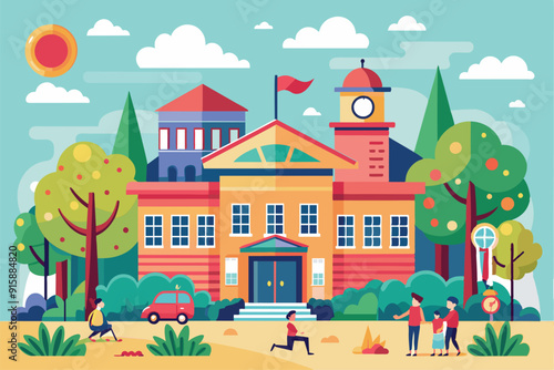 Children play and explore around a colorful school building, with vibrant trees and bright skies making for a lively back-to-school atmosphere