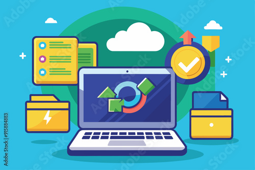A laptop displays a backup process symbol alongside folders and tools, highlighting data management and organization at home