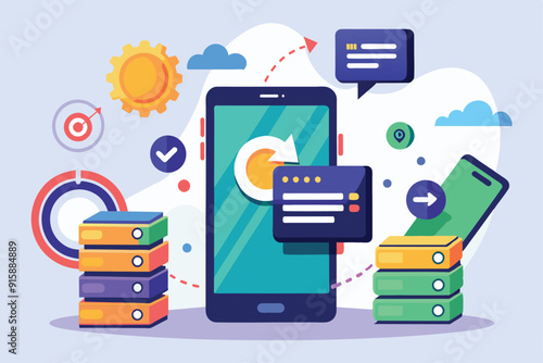 A smartphone displays backup data options while various icons suggest data management and security practices in a colorful digital layout