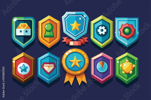 A collection of vibrant badges symbolizes various achievements related to gaming and applications, showcasing a range of designs and colors