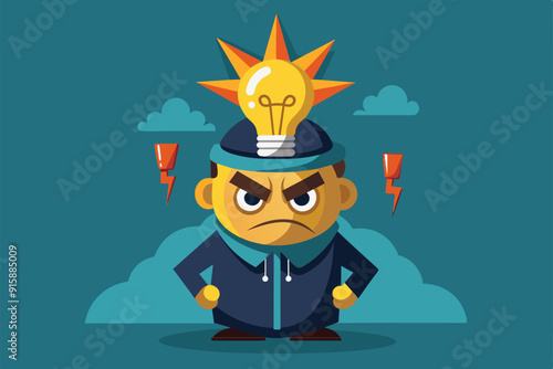 A cartoon character looks fiercely determined with an angry expression, a lightbulb on their head, and thunderbolts surrounding them
