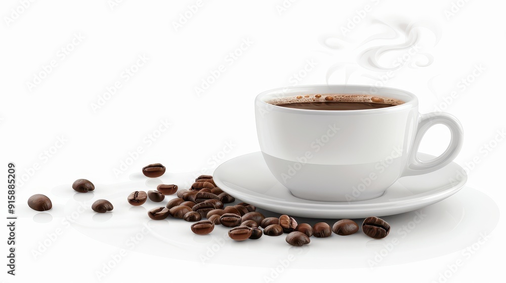 A steaming cup of coffee rests on a saucer with roasted coffee beans nearby A steaming cup of coffee rests on a saucer with roasted coffee beans nearby
