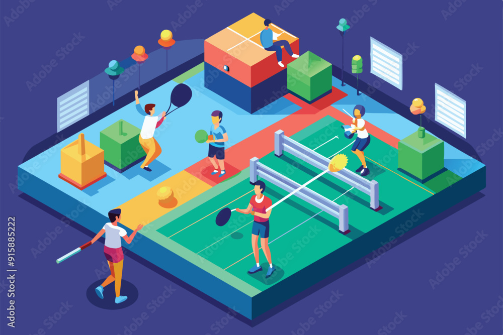 Players engage in an exciting badminton match within a well-designed sports facility, showcasing dynamic movement and athletic skill Players engage in an exciting badminton match within a well-designed sports facility, showcasing dynamic movement and athletic skill