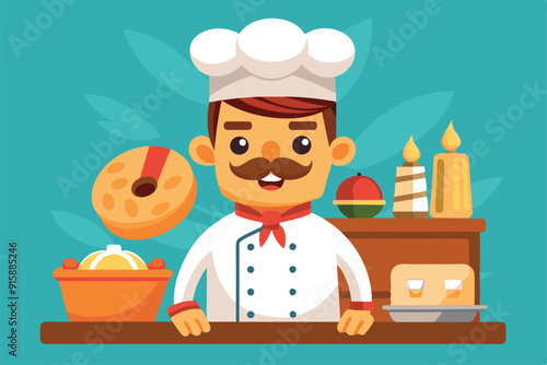 A friendly baker stands proudly behind a counter, crafting delicious, customizable desserts in a vibrant kitchen filled with various treats