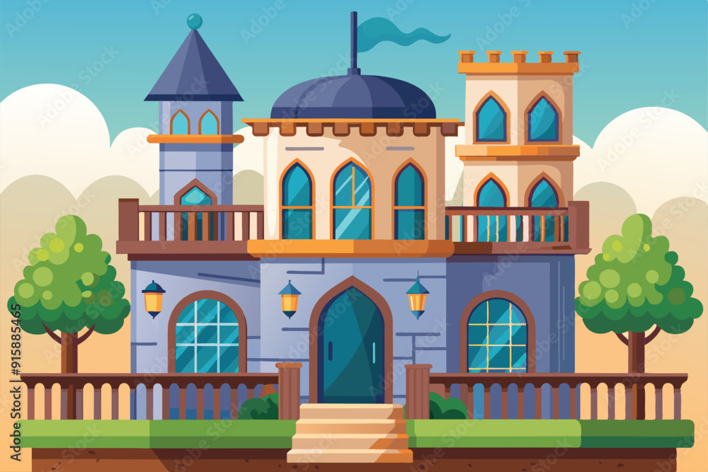 A decorative castle features a balcony and towers, set against a colorful sky while surrounded by lush trees in this charming illustration A decorative castle features a balcony and towers, set against a colorful sky while surrounded by lush trees in this charming illustration