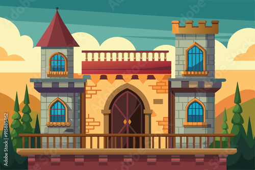 A beautifully designed castle featuring a balcony, set against a backdrop of rolling hills and trees, showcasing its unique architecture and colors