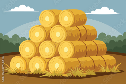 Piles of golden hay bales resting on green grass under a clear blue sky with soft white clouds in a peaceful countryside landscape
