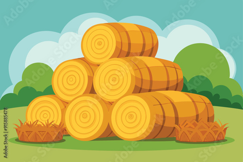 Bales of hay are stacked in a lush green pasture with a backdrop of rolling hills and a clear blue sky dotted with clouds