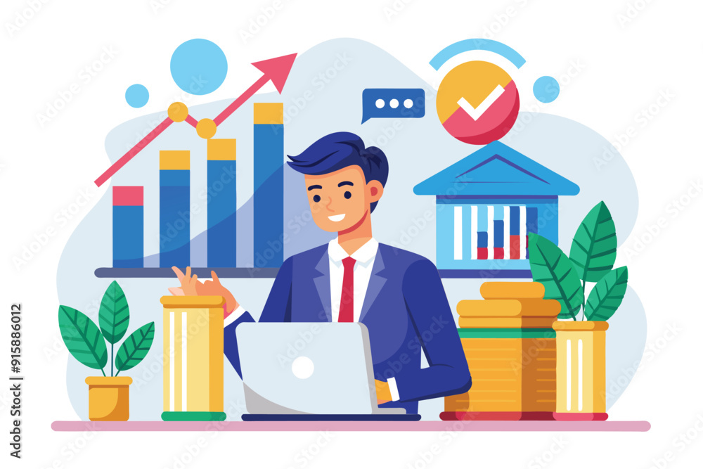 A bank employee reviews growth data on a laptop, highlighting trends and performance insights in a modern workspace with charts and plants A bank employee reviews growth data on a laptop, highlighting trends and performance insights in a modern workspace with charts and plants