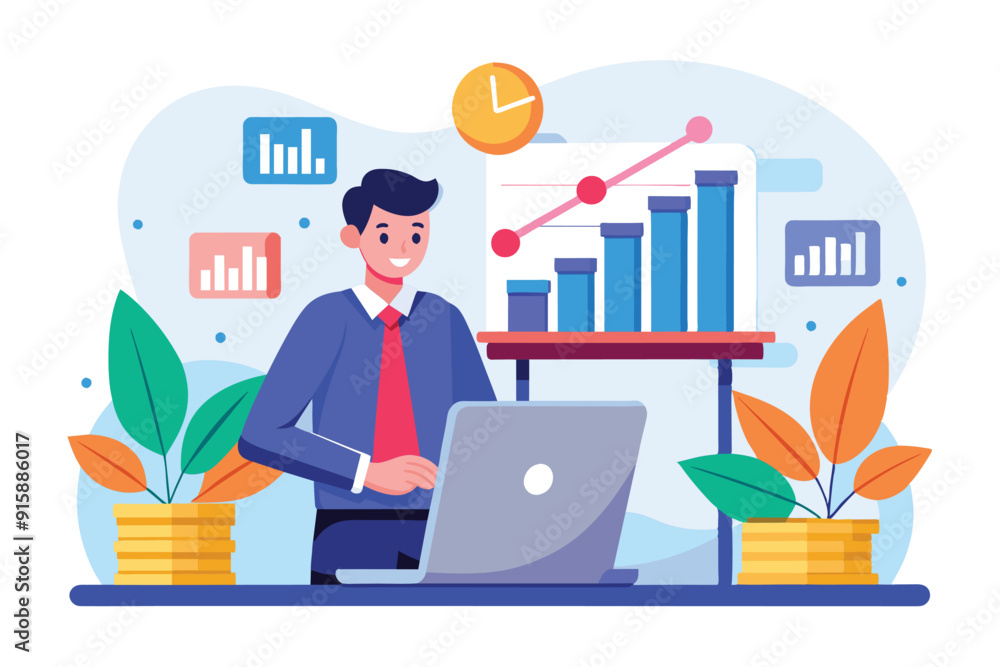 A bank employee is focused on analyzing growth data at a workstation, surrounded by charts, plants, and a clock indicating productive office hours A bank employee is focused on analyzing growth data at a workstation, surrounded by charts, plants, and a clock indicating productive office hours