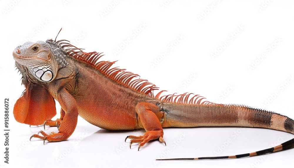 common green - orange phase - American iguana - Iguana iguana - is a large, arboreal, mostly herbivorous species of lizard Isolated on white background. Nuisance invasive species in South Florida.