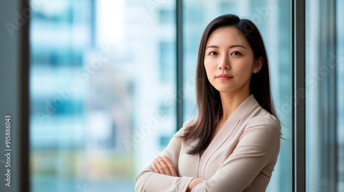 A business woman at the window of a high-rise building, arms crossed, looks into the distance, illuminated by bright daylight. Free Download A business woman at the window of a high-rise building, arms crossed, looks into the distance, illuminated by bright daylight. - GFXLoad