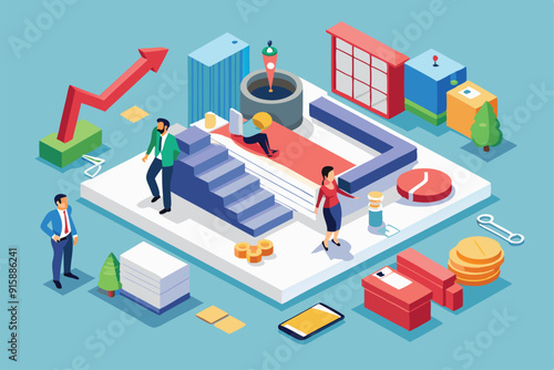 Wallpaper Mural A vibrant illustration showcasing various bankruptcy elements, including financial charts, money stacks, and diverse characters navigating challenges in a business setting Torontodigital.ca