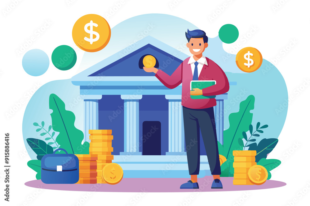 A bank employee stands confidently with a credit card and a coin, surrounded by stacks of coins in front of a bank A bank employee stands confidently with a credit card and a coin, surrounded by stacks of coins in front of a bank