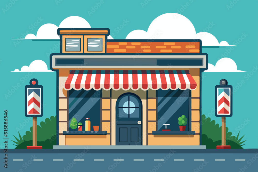 Fototapeta premium A colorful barbershop stands with inviting awnings, surrounded by lush plants, offering a welcoming atmosphere on a bright day