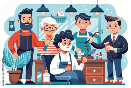 Clients relax as skilled barbers attend to haircuts and shaves in a welcoming barbershop. Friendly atmosphere, showcasing a variety of styles and grooming techniques