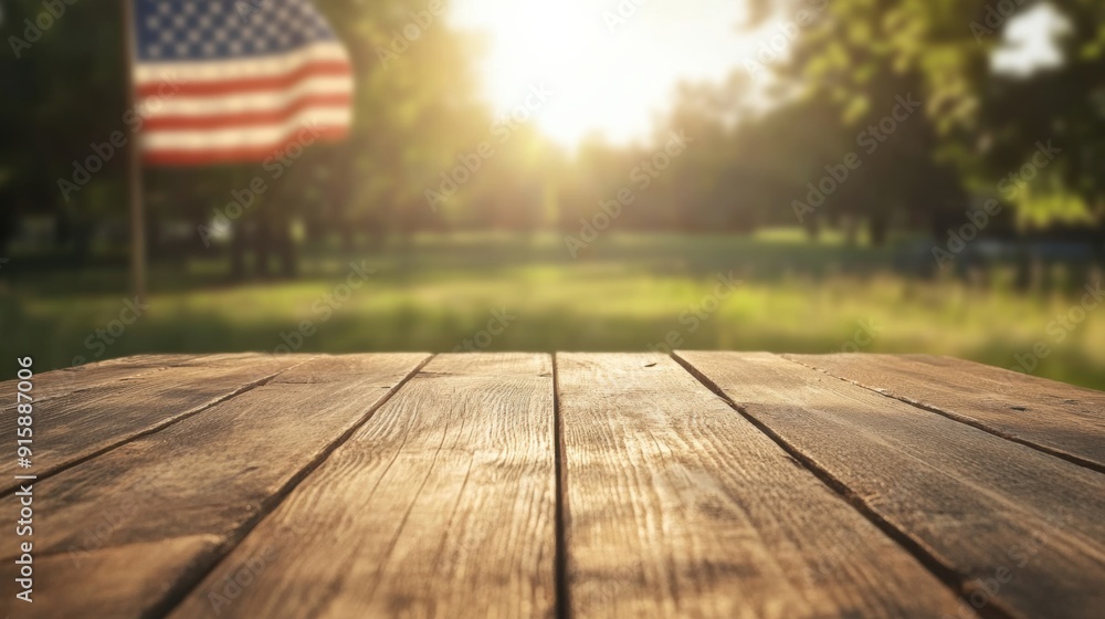 Obraz premium Empty Wooden Table with American Flag in Background