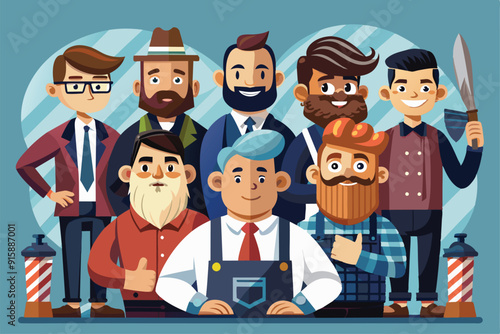 A vibrant barbershop team poses together, showcasing their unique styles and camaraderie in a contemporary urban environment