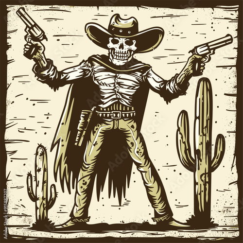 Skeleton cowboy with revolvers, desert background.
