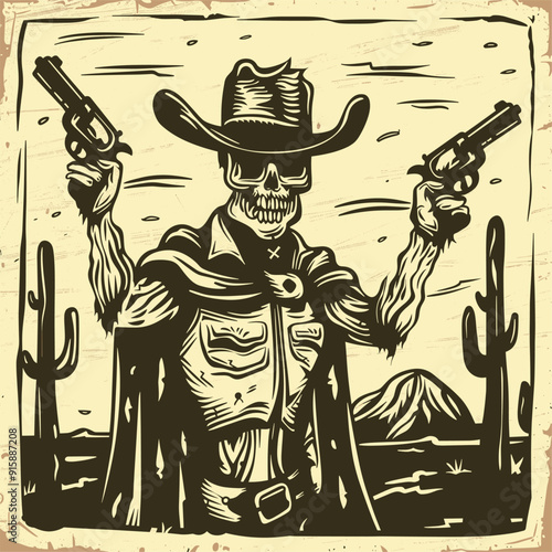 Skeleton cowboy with revolvers, desert background.
