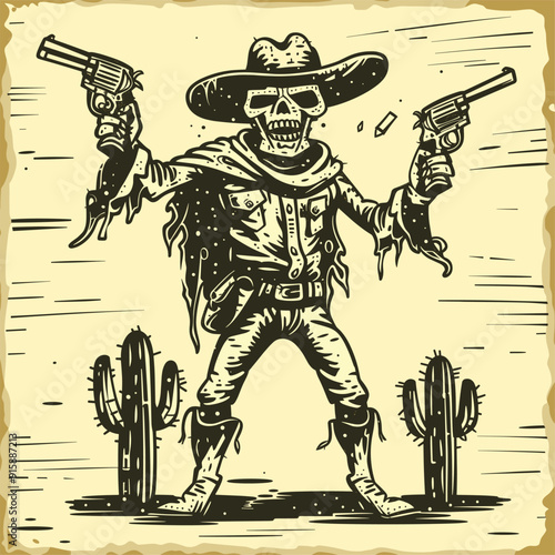 Skeleton cowboy with revolvers, desert background.
