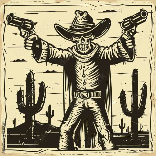Skeleton cowboy with revolvers, desert background.
