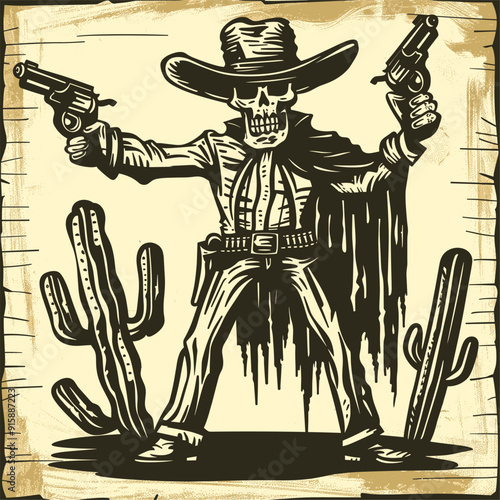 Skeleton cowboy with revolvers, desert background.
