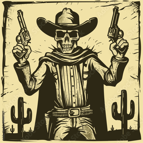 Skeleton cowboy with revolvers, desert background.
