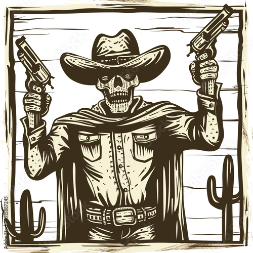 Skeleton cowboy with revolvers, desert background.
