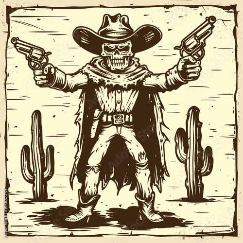Skeleton cowboy with revolvers, desert background.

