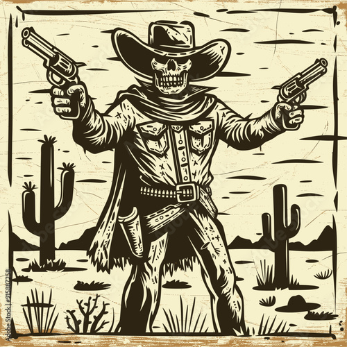 Skeleton cowboy with revolvers, desert background.
