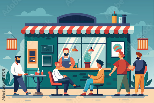 Clients wait in a lively barbershop, some reading and others chatting, while a barber attends to a customer in the cozy setting