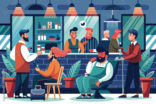 Clients sit comfortably in a lively barbershop, enjoying the atmosphere as they await their turn for haircuts from attentive barbers