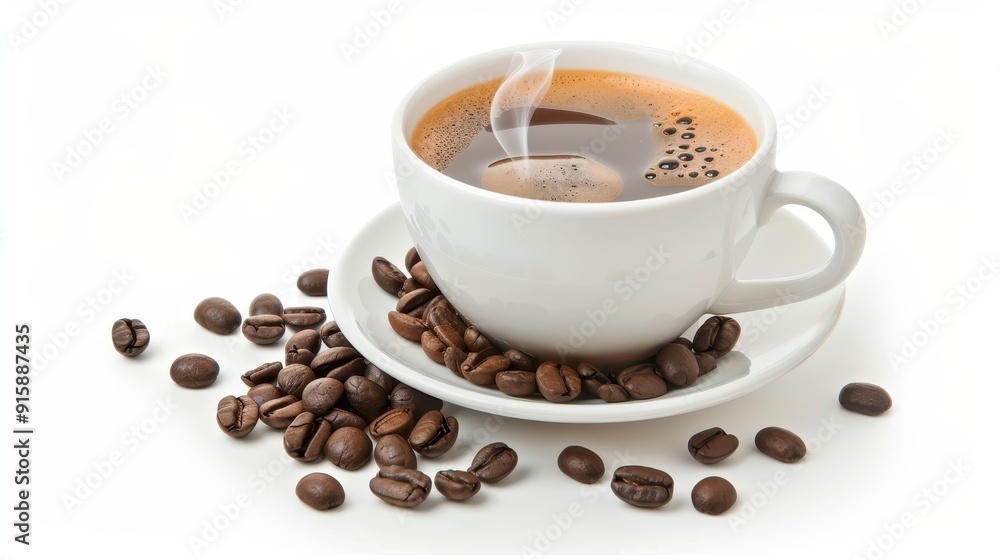 A hot cup of coffee is surrounded by roasted coffee beans on a clean surface A hot cup of coffee is surrounded by roasted coffee beans on a clean surface