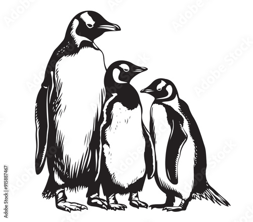 Penguin family sketch hand drawn in engraving style Sea animals Vector illustration.