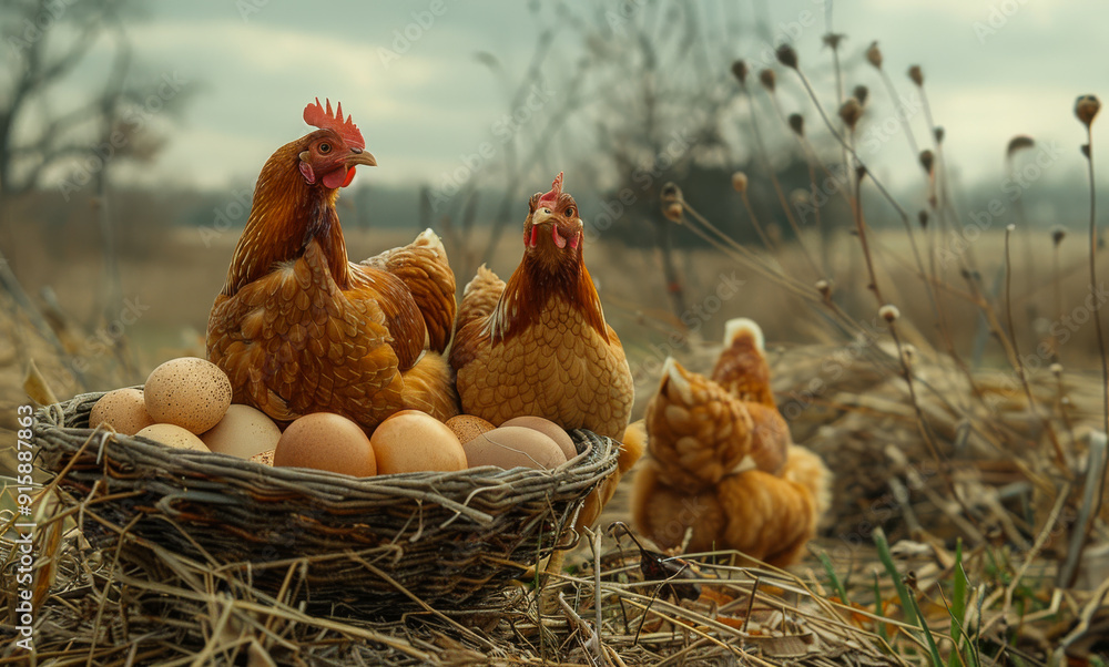 Fototapeta premium Three chickens are standing in a basket full of eggs